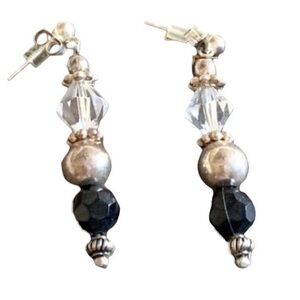 Elegant 925 Silver Bead Black Crystal Dangle Post Earrings Woman’s Jewelry